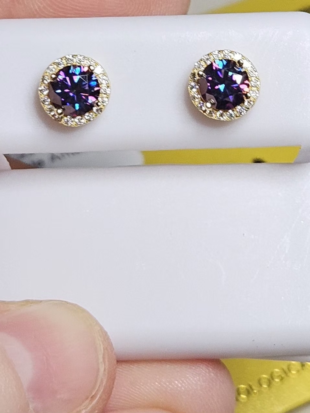 Moissanite Purple Amethyst Round Halo Stud Earrings - Sterling Silver - Picture 13 of 14